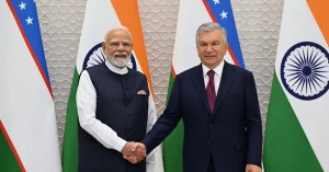 Prime Minister Narendra Modi and President Shavkat Mirziyoyev during high-level India-Uzbekistan talks at Kuksaroy Residence