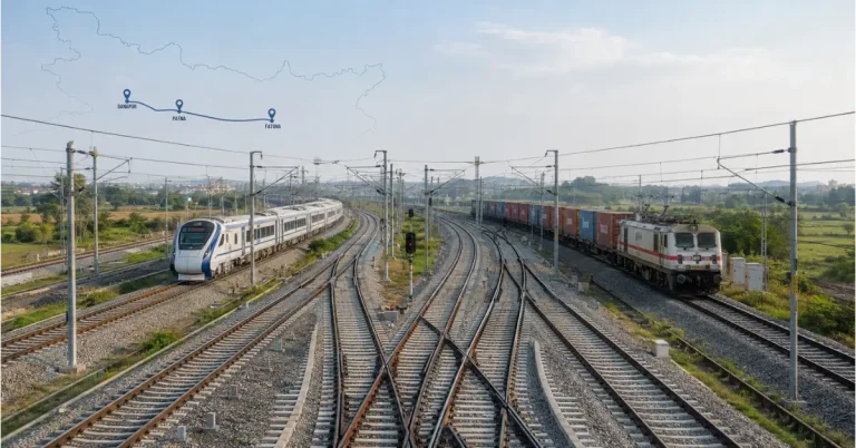 Editorial concept image of the Danapur-Fatuha railway multitracking project in Bihar showing expanded railway infrastructure for passenger and freight operations.
