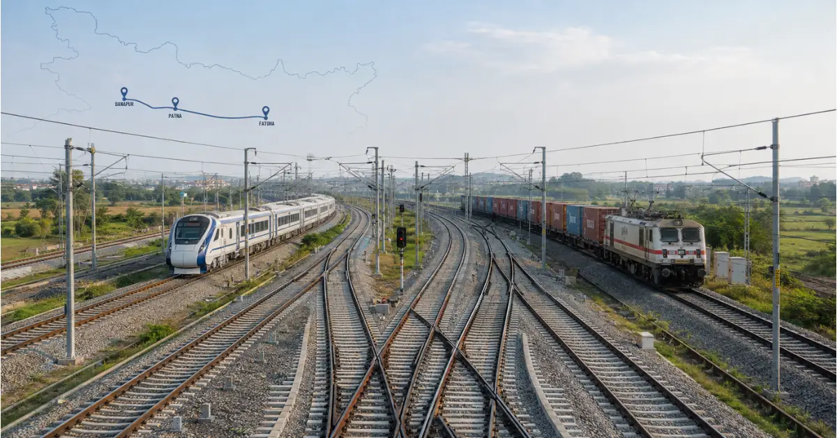 Editorial concept image of the Danapur-Fatuha railway multitracking project in Bihar showing expanded railway infrastructure for passenger and freight operations.