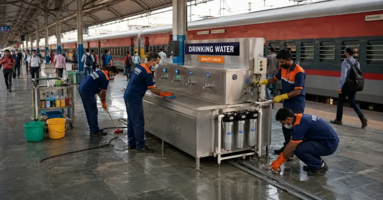 Indian Railways drinking-water facility being cleaned and checked at a railway station