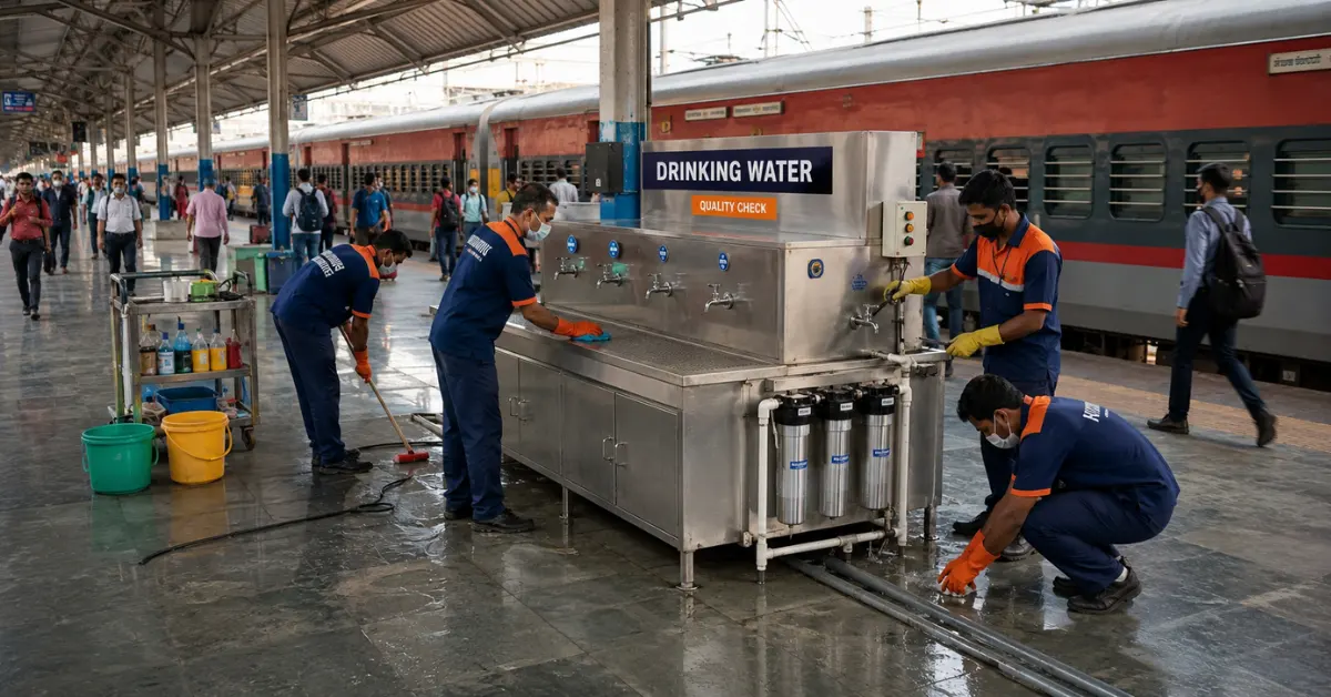 Indian Railways drinking-water facility being cleaned and checked at a railway station
