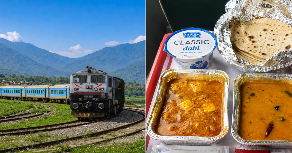 Kathgodam Shatabdi Express alongside a railway meal representing onboard catering services on Indian Railways.