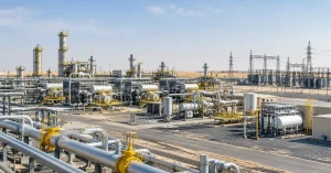 Middle East gas compression project infographic showing Ultra-Mega order value and 230 kV substations