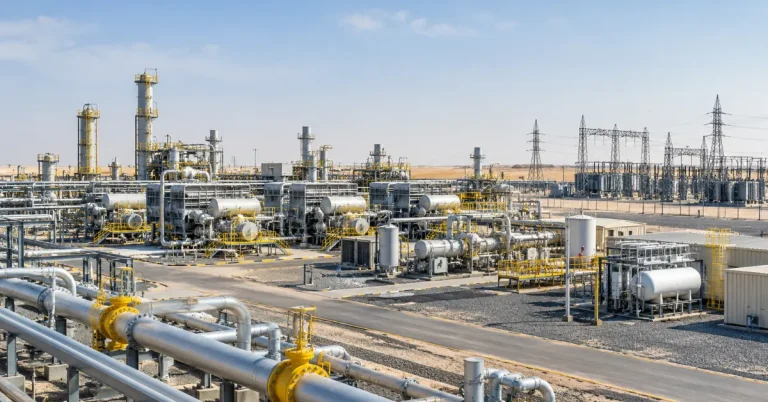 Middle East gas compression project infographic showing Ultra-Mega order value and 230 kV substations