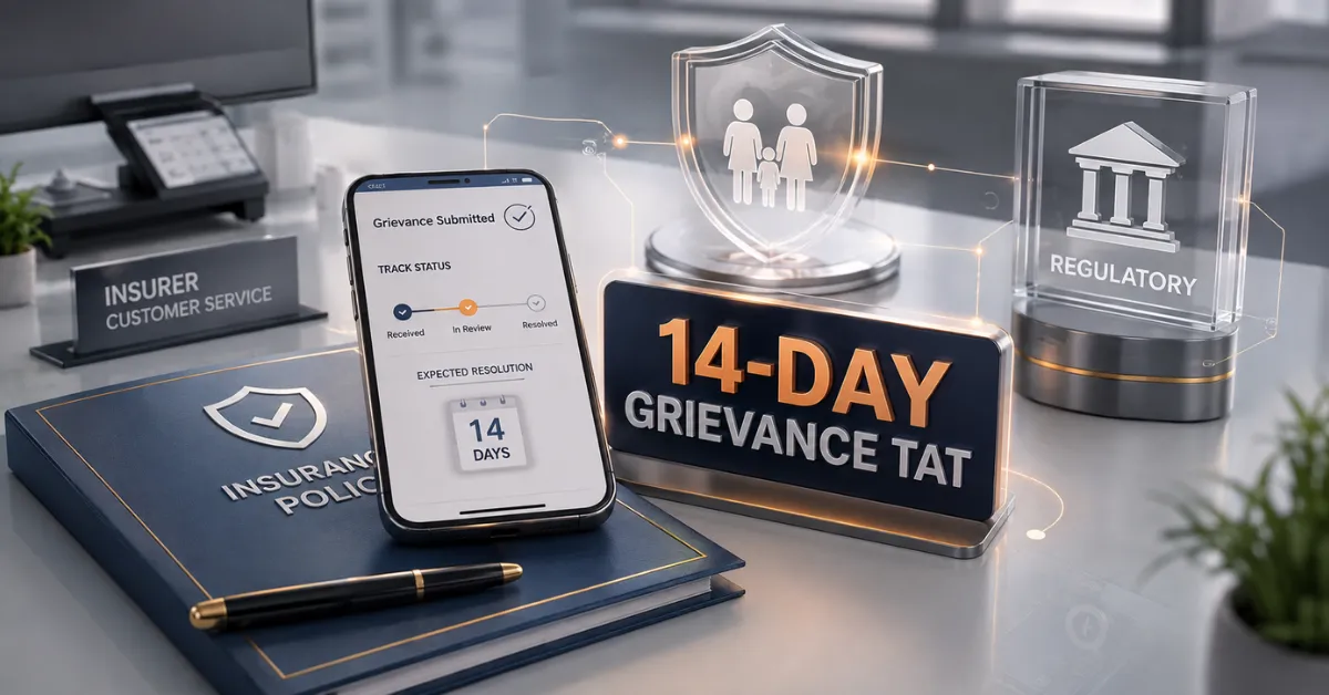 Insurance policyholder grievance tracking with 14-day resolution reference