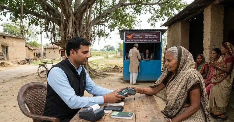 Banking coverage through a rural banking service point in an Indian village.