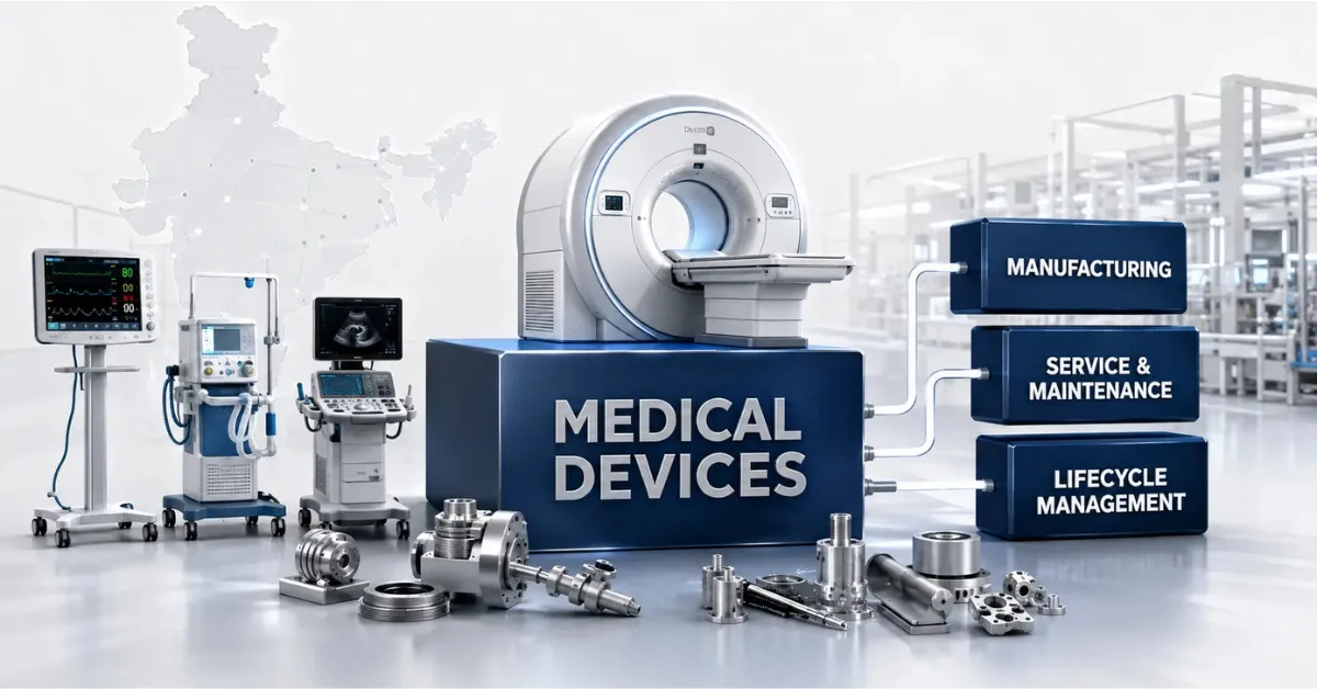 Editorial infographic depicting India's medical device industry, advanced medical equipment and manufacturing ecosystem.