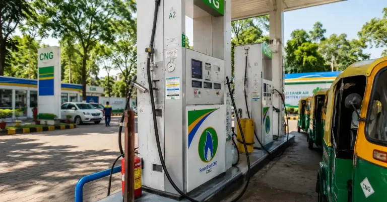 India CNG station showing gas dispensers and auto-rickshaws amid revised CBG pricing framework