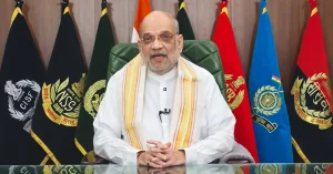 Union Home Minister Amit Shah during a government address ahead of the national anti-narcotics conference