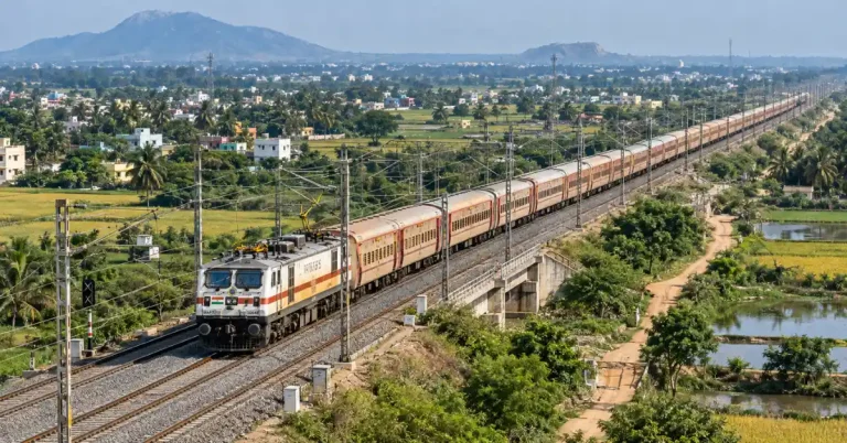 Indian passenger train travelling through the Andhra Pradesh countryside on an electrified railway line