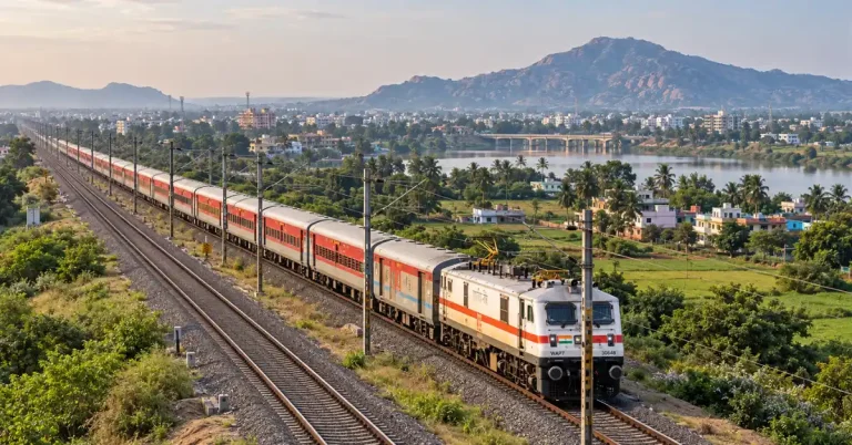 Indian Railways passenger train travelling on a doubled electrified railway corridor in Odisha