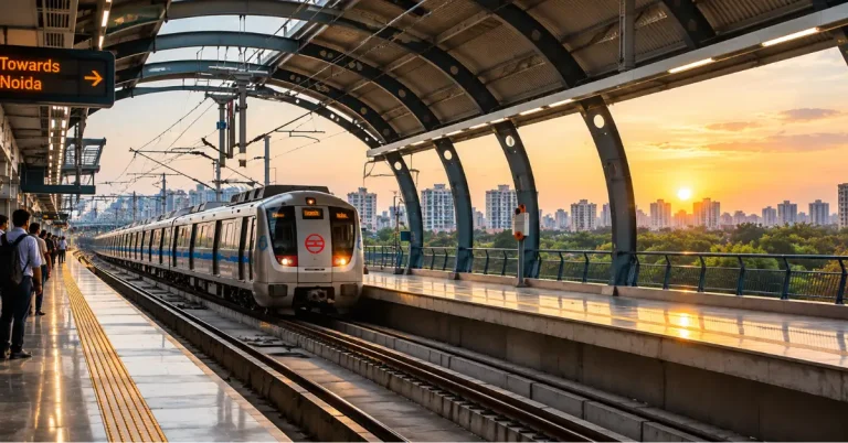Delhi Metro train arriving at an elevated station above an urban corridor