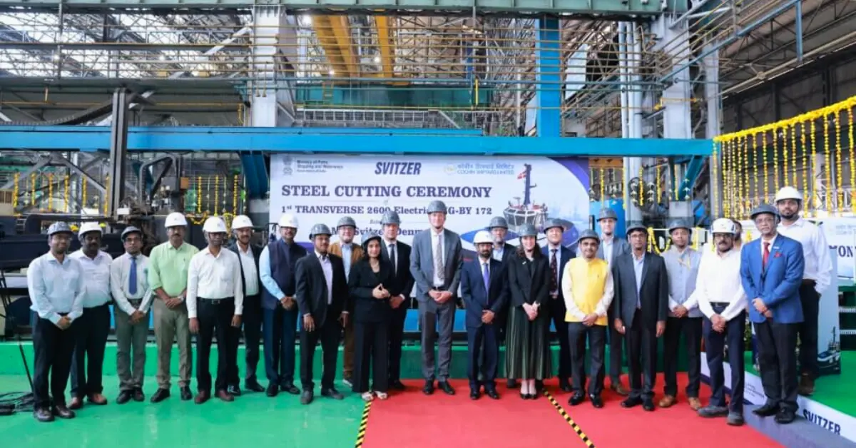 Svitzer and Cochin Shipyard leaders at the steel-cutting ceremony for battery-electric tugs