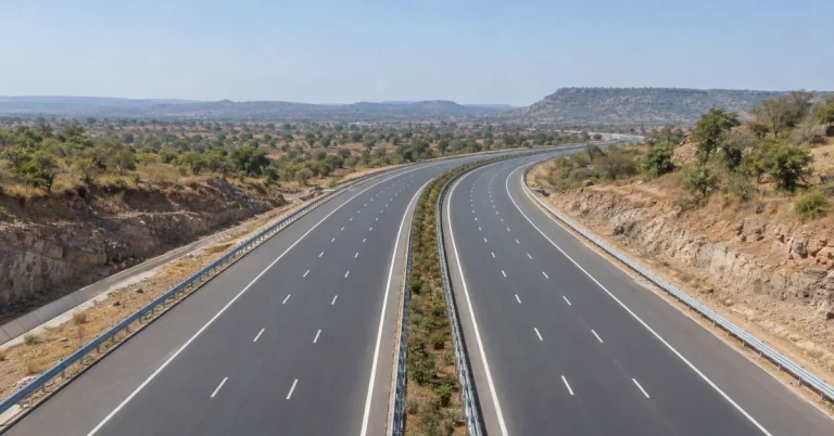 Chitrakoot conceptual six-lane access-controlled greenfield expressway through Bundelkhand terrain
