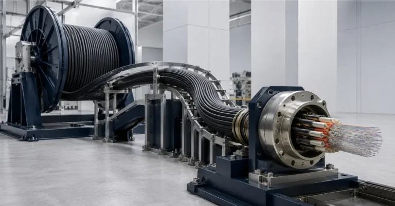 HFCL optical fibre cable supply equipment in an industrial manufacturing environment