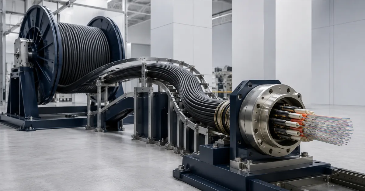 HFCL optical fibre cable supply equipment in an industrial manufacturing environment