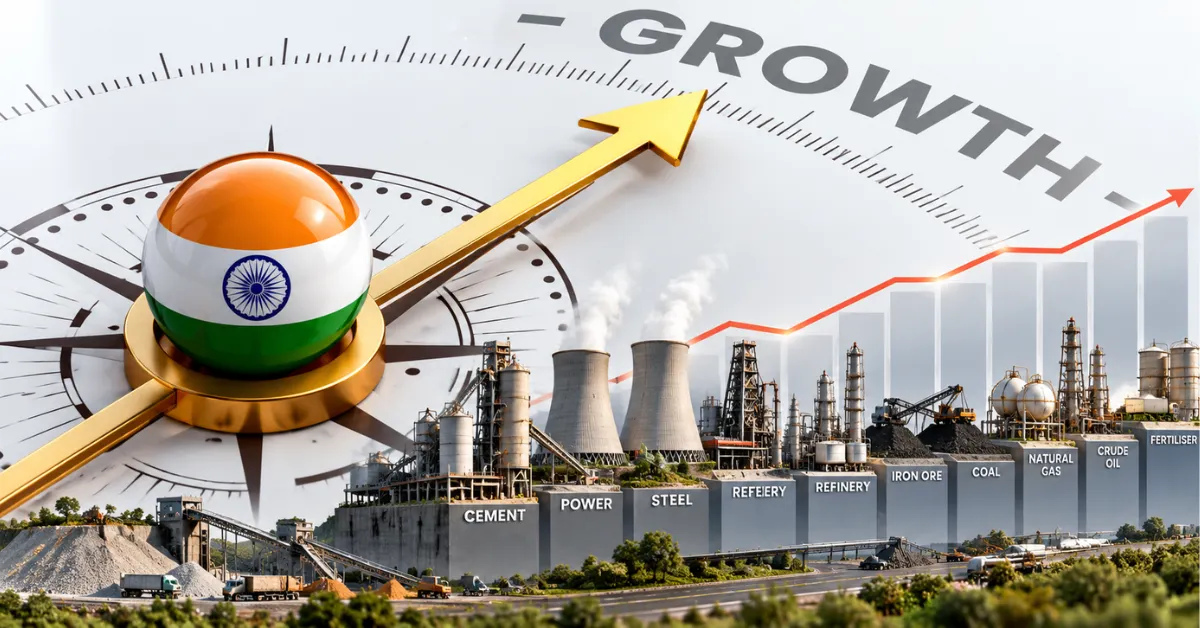 Industrial infrastructure representing India's core sector growth across cement, power, steel, refinery, iron ore, coal, natural gas and crude oil