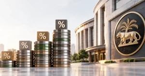 Rising stacks of financial securities beside a Reserve Bank of India-inspired institutional building