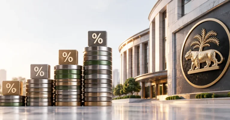 Rising stacks of financial securities beside a Reserve Bank of India-inspired institutional building