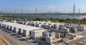 Grid-scale battery storage system beside a renewable energy power plant in India