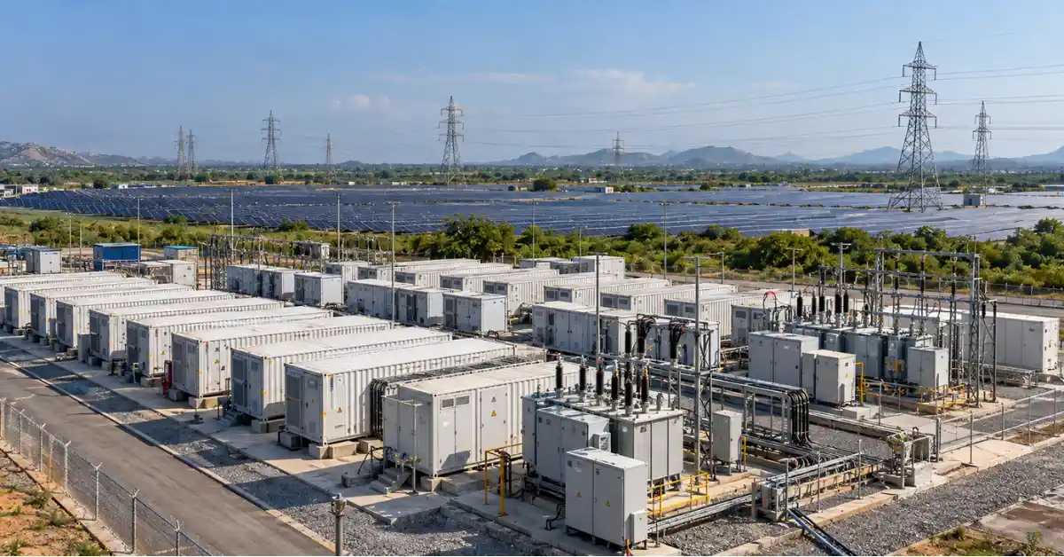 Grid-scale battery storage system beside a renewable energy power plant in India
