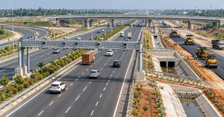 High-speed access-controlled National Highway with free-flow tolling, construction machinery and engineered drainage