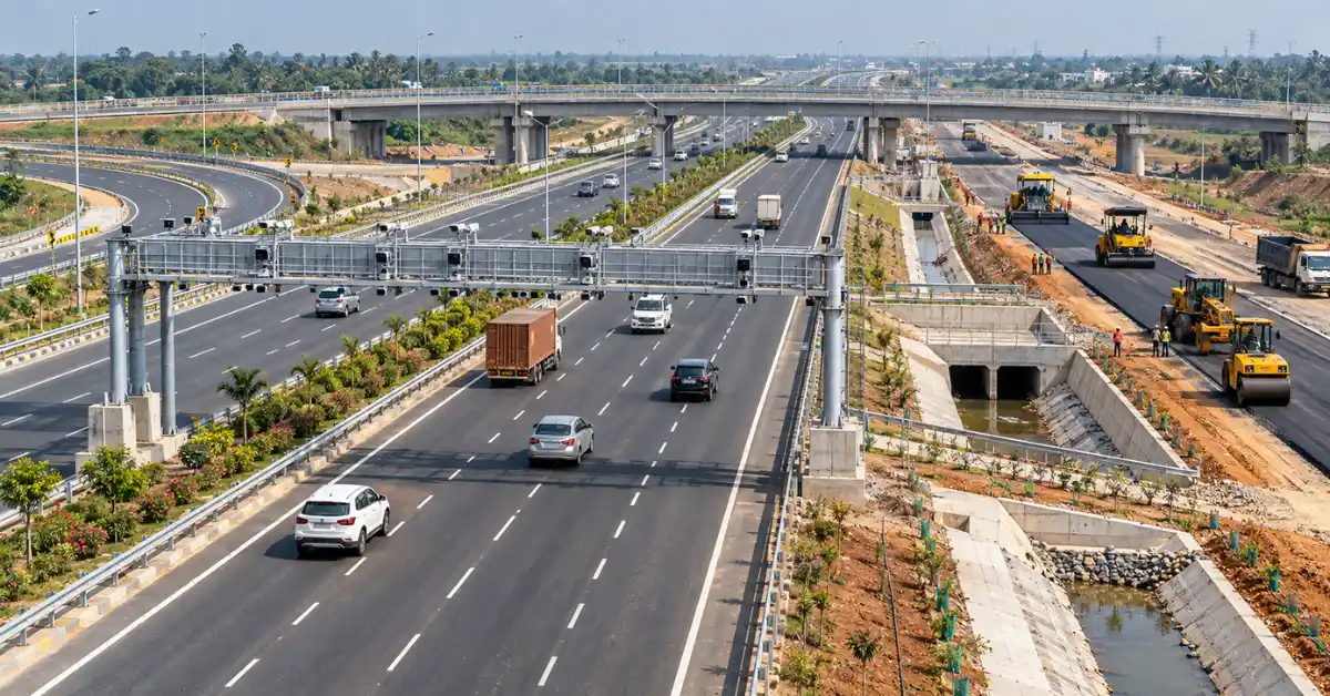 High-speed access-controlled National Highway with free-flow tolling, construction machinery and engineered drainage