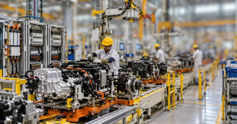 Indian manufacturing factory with workers assembling industrial equipment on a production line