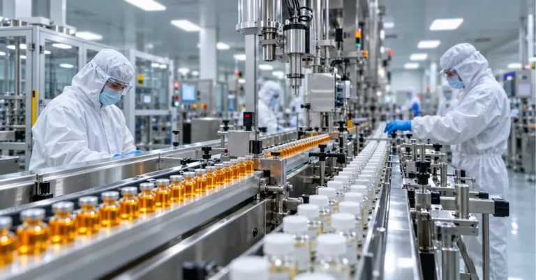 Pharmaceutical manufacturing cleanroom with automated medicine bottles and vials on production conveyors