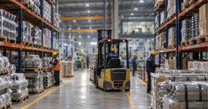 Workers and forklift operating in a busy Indian industrial warehouse representing stronger manufacturing activity