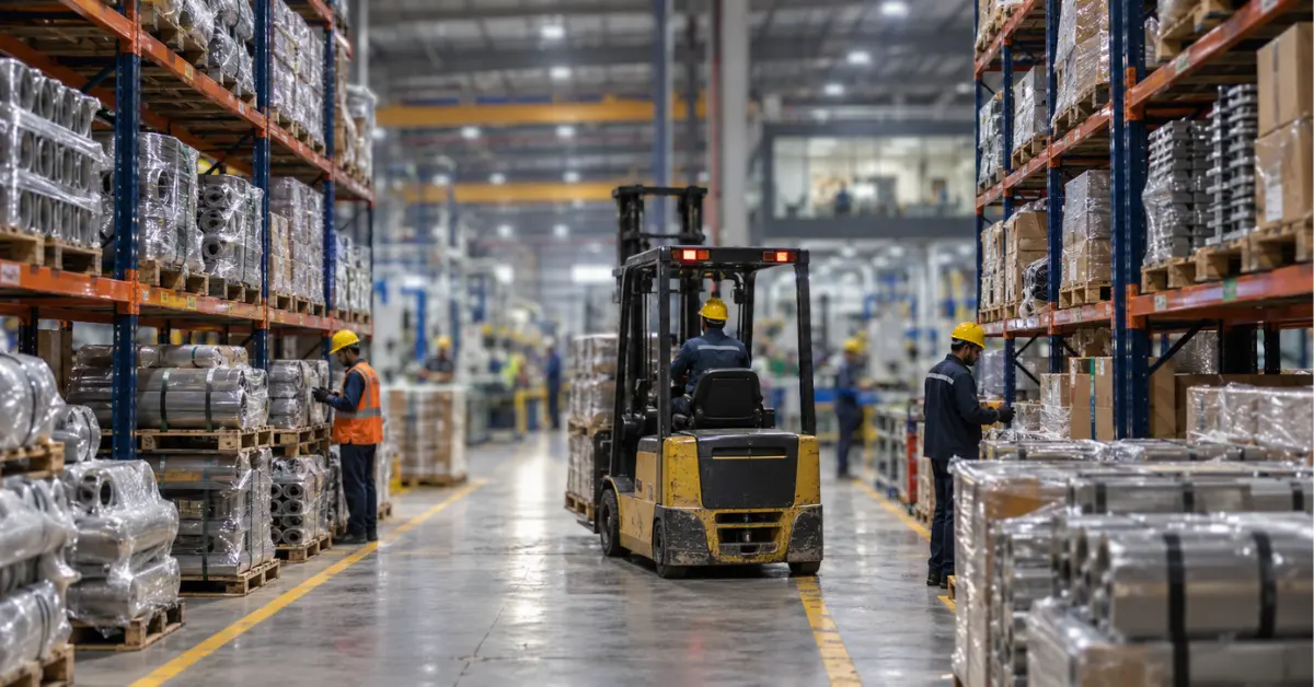 Workers and forklift operating in a busy Indian industrial warehouse representing stronger manufacturing activity