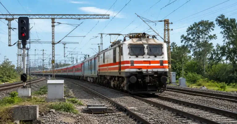 Indian Railways electric train travelling through a railway corridor with Kavach signalling infrastructure