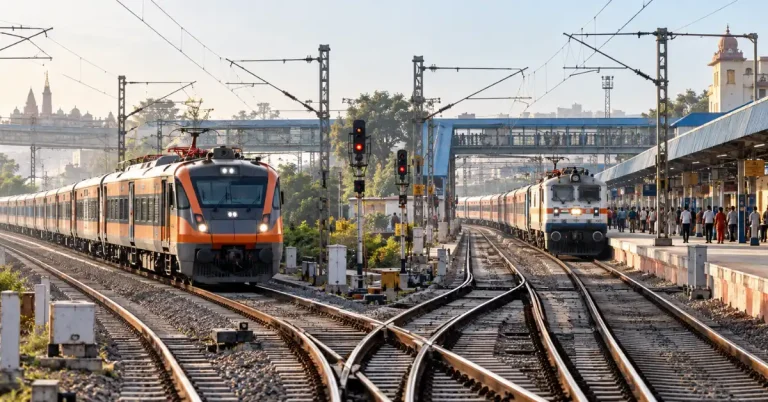Indian Railways passenger trains on expanded routes representing Bhuj-Barauni and Jhansi-Mathura connectivity