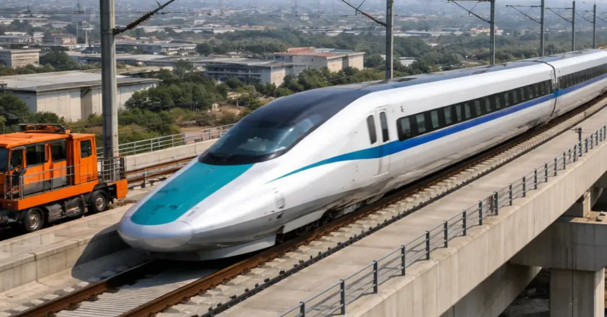 High-speed train on an elevated railway viaduct representing the Mumbai-Ahmedabad bullet train project