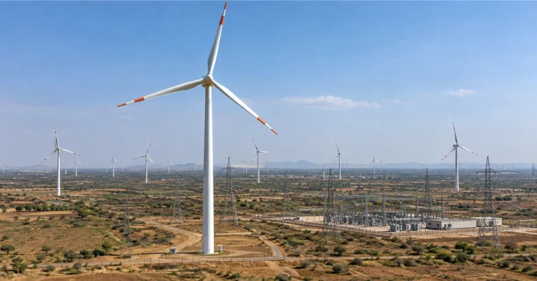Wind turbines and electrical substation representing NTPC renewable energy capacity in Gujarat