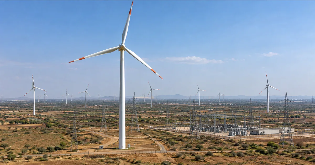 Wind turbines and electrical substation representing NTPC renewable energy capacity in Gujarat