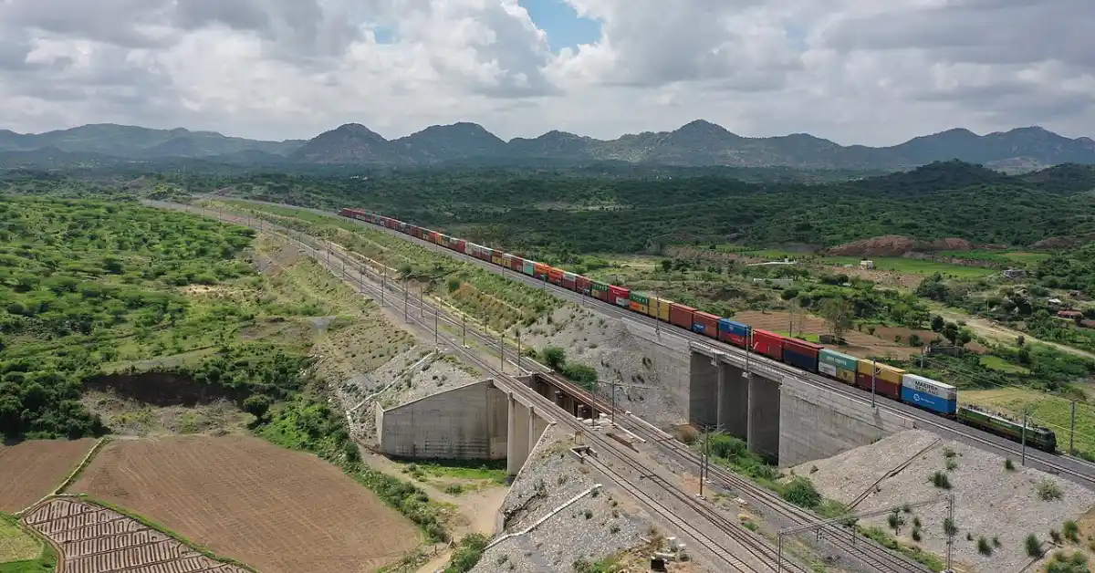 Double-stack freight train running on the Western Dedicated Freight Corridor