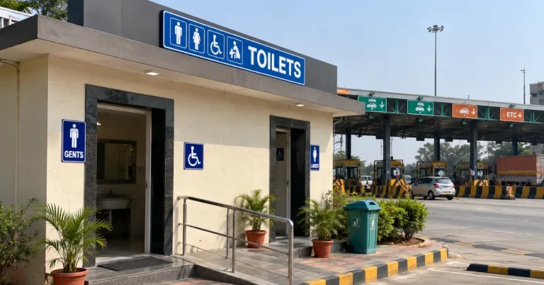 Public restroom building beside an Indian national highway toll plaza, providing context for NHAI maintenance and accessibility guidelines.