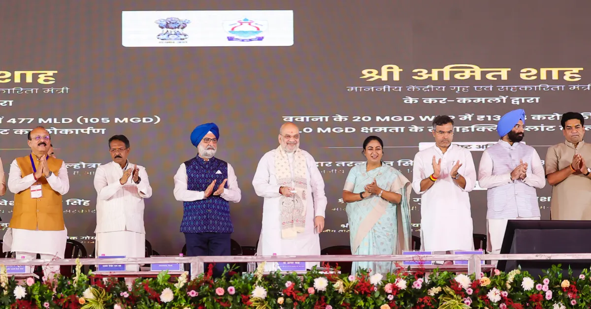 Union Home Minister Amit Shah with Delhi government officials at the inauguration and foundation-stone ceremony for water and sewage projects under the Yamuna rejuvenation programme.