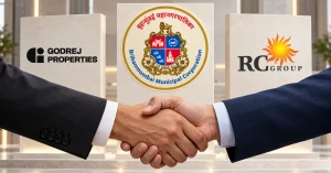 Symbolic handshake representing the Bandra Bay waterfront partnership, with logos of BMC, Godrej Properties and RC Group displayed on three panels.