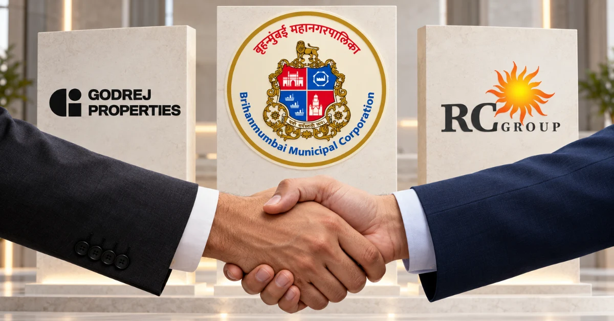 Symbolic handshake representing the Bandra Bay waterfront partnership, with logos of BMC, Godrej Properties and RC Group displayed on three panels.