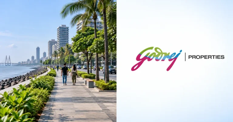 The Infra Post - India's Leading Infrastructure News Platform 28 Split-screen image showing a landscaped coastal promenade with pedestrians beside the Godrej Properties logo, representing the Bandra Bay waterfront development.