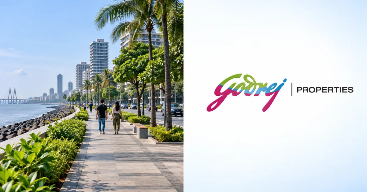 Split-screen image showing a landscaped coastal promenade with pedestrians beside the Godrej Properties logo, representing the Bandra Bay waterfront development.