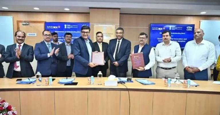 Split-screen computing infrastructure and Bank of India and C-DAC identities representing their quantum-safe banking research partnership.