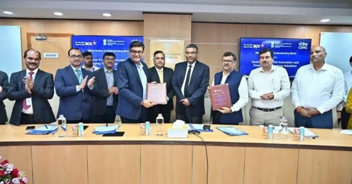 Split-screen computing infrastructure and Bank of India and C-DAC identities representing their quantum-safe banking research partnership.