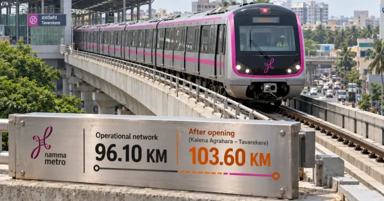 Hybrid editorial view of a Bengaluru Metro Pink Line train and the planned network expansion from 96.10 km to 103.60 km after opening.
