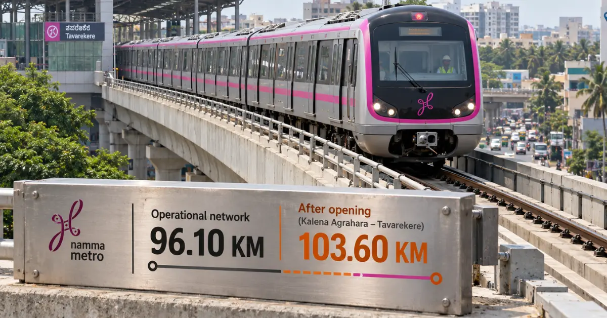 Hybrid editorial view of a Bengaluru Metro Pink Line train and the planned network expansion from 96.10 km to 103.60 km after opening.