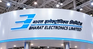Bharat Electronics Limited logo and bilingual company name displayed on an illuminated white exhibition stand.