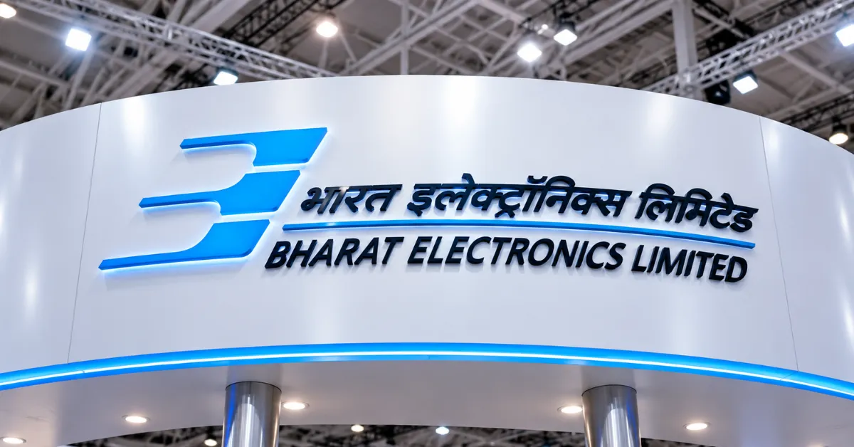 Bharat Electronics Limited logo and bilingual company name displayed on an illuminated white exhibition stand.