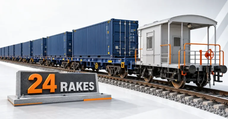 CONCOR railway freight procurement represented by miniature BLSS-style container wagons and a physical marker for 24 rakes.